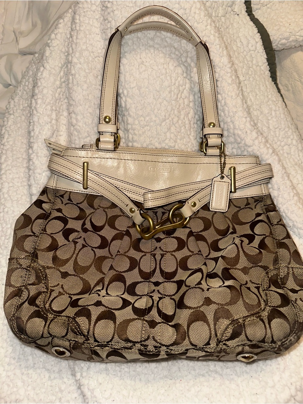 Coach Brown and Cream Hamptons Signature Canvas Shoulder Bag with Cream Trim